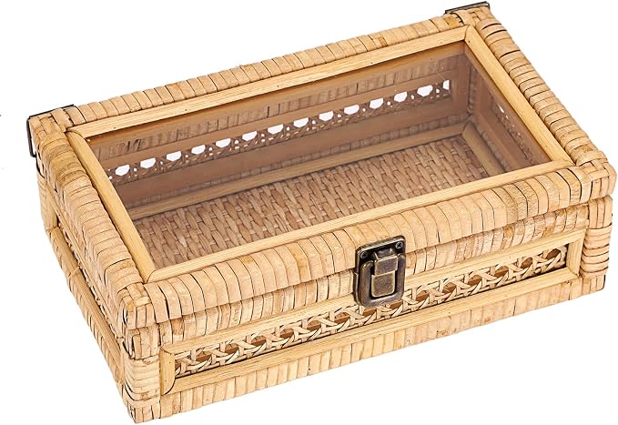 Hipiwe Rattan Storage Box with Lid Vintage Decorative Basket for Home Decor | Handwoven Wicker Basket Box for Display, Rectangular Storage Bin for Remotes, Keepsake, 9.8" x 5.9" x 3.1"