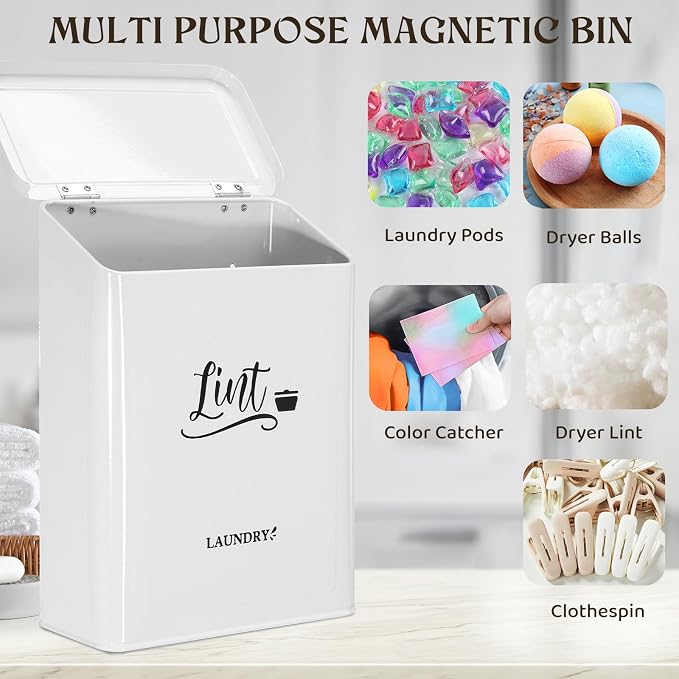 Magnetic Lint Bin for Laundry Room with Brush & Hook - Large Laundry Organizer and Storage, Wall Mounted Trash Can with Lid, Space-Saving Dryer Lint Holder Laundry Room Decor, White