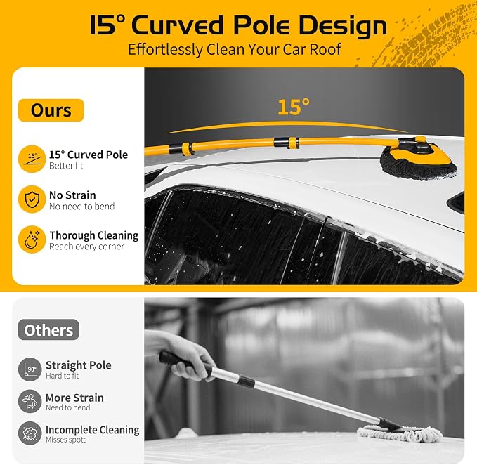 HIPPIH 15° Curved Car Wash Brush with Long Handle, 2 Scratch-Free Mop Heads | 43" Microfiber Car Cleaning Brush with Extension Pole, Exterior Car Wash Supply Kit for Roof RV Truck Camper SUV Caravan Boat