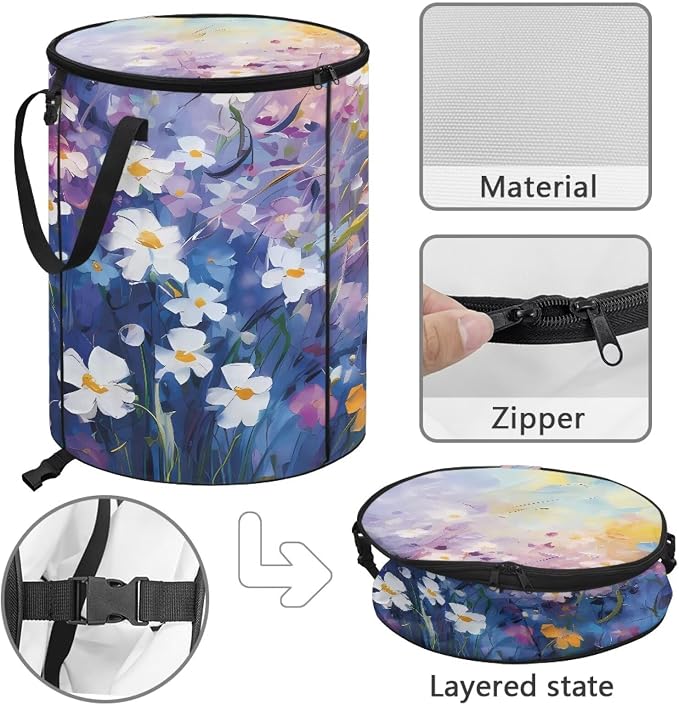 Watercolor Daisy Collapsible Trash Can 24 Gallon Waterproof Pop-Up Bin with Zipper Lid Reusable Heavy-Duty Outdoor Garbage Can for Patio Backyard Folds Flat Camping Essentials
