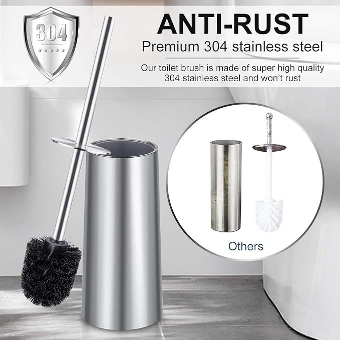 Toilet Brush and Holder, 2 Pack Toilet Brush with 304 Stainless Steel Long Handle, Toilet Bowl Brush for Bathroom Toilet-Ergonomic, Elegant,Durable (Silver)