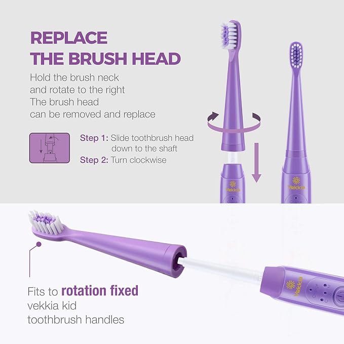 Vekkia Princess Electric Toothbrush Replacement Heads Purple (4 Pack) | 7X More Plaque Removal/End-Rounded 3D Curved Soft Bristles/Comfortable & Efficient Clean Teeth/Perfect for Kid Small Mouth,