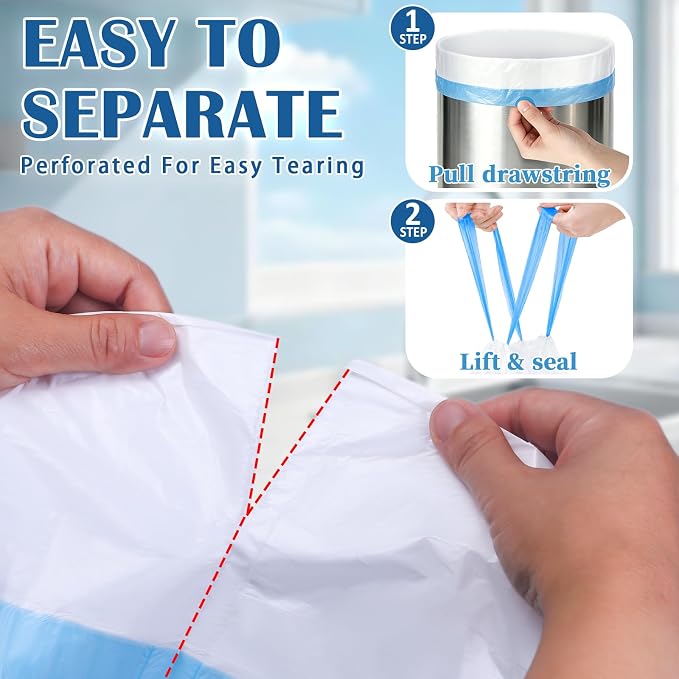 BYSNOW 4 Gallon 300 Counts Small Drawstring Trash Bags, Clear Garbage Bags | Mini Unscented White Plastic Waste Basket Liners Fit 11-15L Bins for Bathroom, Kitchen, Office, Car, Dorm