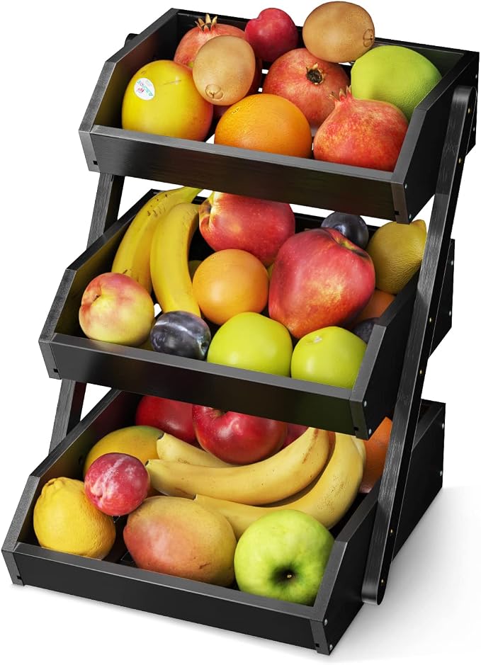 G.a HOMEFAVOR 3-Tier Fruit Basket for Kitchen Counter, Black, Self-assembly | Large Bamboo Fruit Holder for Kitchen Countertop, Snack Vegetable Storage Stand and Home Organizer