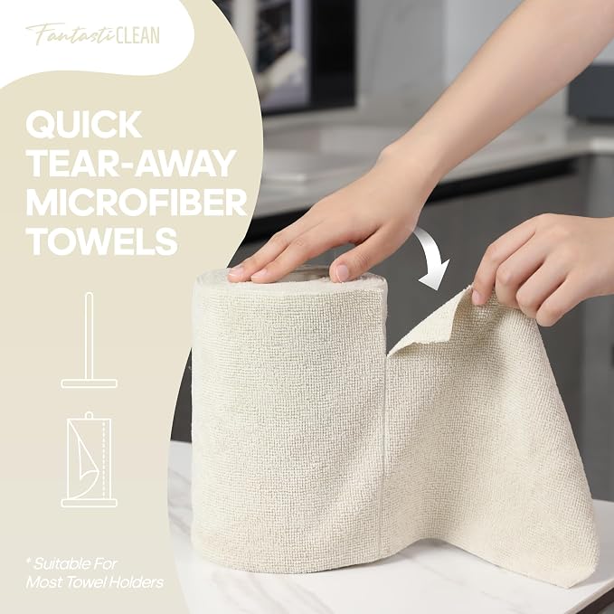 Fantasticlean Microfiber Cleaning Cloth Roll, 60 Pack, 8" x 8", Off White | Tear Away Microfiber Towel Roll, Reusable Paper Towels, Rags for Kitchen, Pet, Dust, Car, Office, Cleaning Supplies, Portable