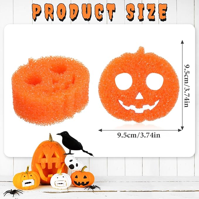 FillTouch Halloween Pumpkin 3 Pcs Scrub Sponge, Orange | 3 Pack Dual Sided for Dishes Kitchen, Non Scratch Temperature Color Changing, Soft Scrubbing Safe for Pots Pans Glassware