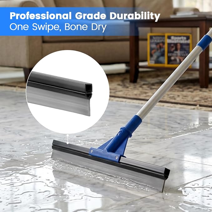 Floor Squeegee for Concrete Floor, 18" Large Heavy Duty Squeegee for Floor, Rubber Broom with 60" Long Handle for Garage Concrete Bathroom Kitchen Pool Glass Window