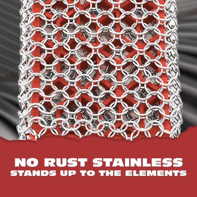 Knapp Made Premium Cast Iron Cleaner, 2-in-1 Combo Chainmail Scrubber with Silicone Core, Heavy Duty & Fine Mesh Rings for Cookware, Skillets and Pots, Premium Cast Iron Cleaner – Red