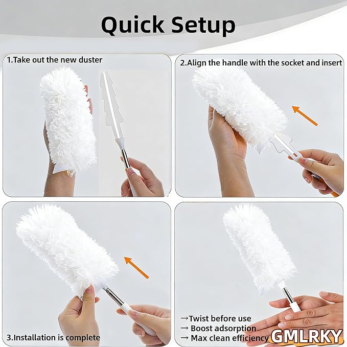 Heavy Duty Duster Refills, Disposable Dusters Kit for Cleaning Dusting Furniture Blind Ceiling Fan, Multi Surface 360 Feather Duster(10)+3FT Extended Handle（1） (White)