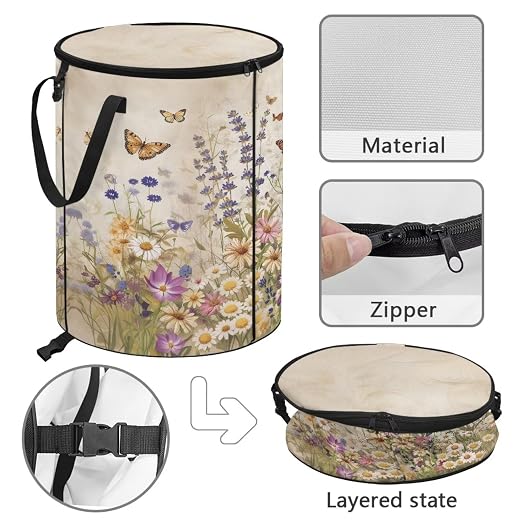 Daisy Butterfly Outdoor Trash Can with Lid Collapsible Camping Pop up Trash Can 24 Gallon Waterproof Foldable Garden Garbage Bin for Camping Hiking Backyard Parties 23 x 18 inch