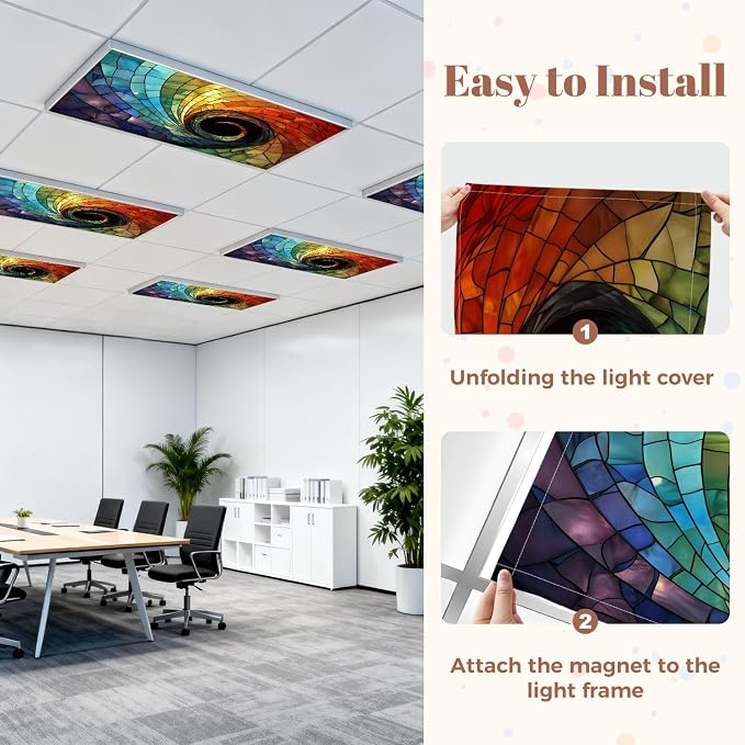 6 Pcs Fluorescent Light Covers for Ceiling Lights Colorful stained glass spiral Magnetic Decorative Shade Filters 4x2 ft for Classroom Office Hospital Decor