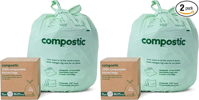Compostic Compostable Trash Bags, 13 Gallon Tall Kitchen (100 Count) Bulk Pack — Extra Strong, Home Compostable, Plant-Based, Non-Toxic, Unscented Garbage Bags (Pack of 2)