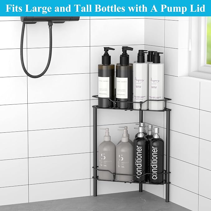HuggieGems Metal Floor Standing Corner Shower Caddy, Black, 2 Tier | Adhesive Bathroom Organizer Shelves, Free Standing Shower Rack with Hooks, Hold Large Shampoo Bottles