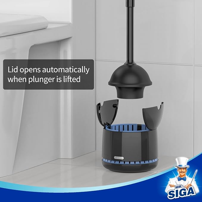 MR.SIGA Toilet Plunger with Holder, Plungers for Bathroom Heavy Duty, Black | Automatic lid design, sturdy long handle, heavy duty toilet plunger and holder set, toilet clog remover