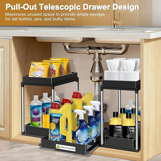 NIUXX Expandable Under Sink Organizer: 2 Tier Under Cabinet Organizer - Double Pull Out Shelf Under Sink Storage for Kitchen - Bathroom and Laundry Room - Space Saving