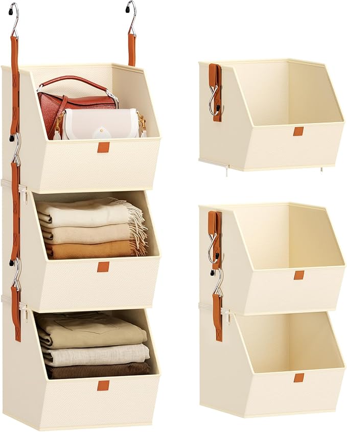 Collapsible Hanging Closet Organizer - 3 Tier Closet Shelves Storage System with Hooks, Fabric Hanging Storage Bins for Clothes, Foldable Storage Basket for Laundry, Bedroom, Rv, Beige