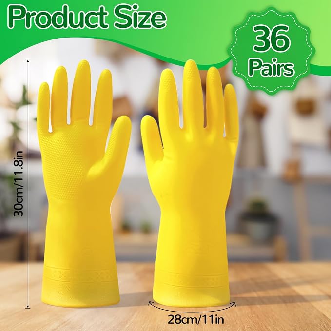 36 Pairs Rubber Dishwashing Gloves, Long Kitchen Glove, Yellow | Reusable Household Cleaning Gloves for Washing Dishes, Non Slip Rubber Cleaning Glove for Dishwashing Gardening and Home Use
