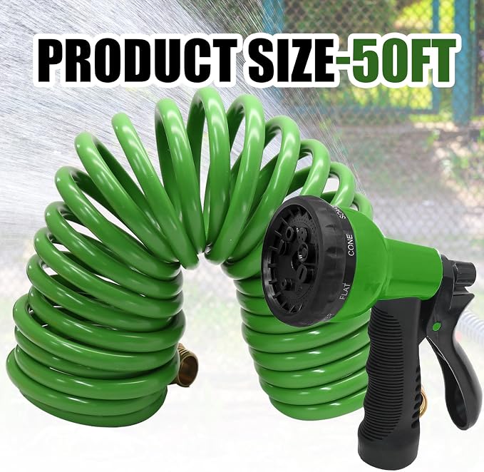 50ft Garden Hose, EVA Curly Water Retractable | Brass Connectors, 8-Pattern Function Sprayer, Corrosion Resistant Coil, For Gardening Homeowners