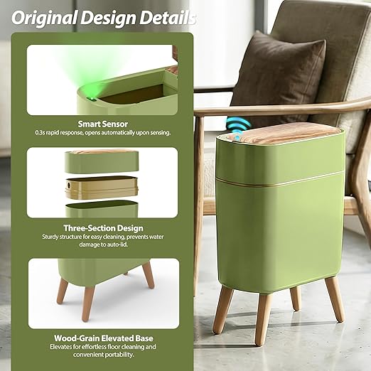 suyika Automatic Trash Can, 2.6 Gallon/10L, Wood Grain Lid and Legs | Bathroom Trash Can with Lid, Touchless, Waterproof Garbage Bin, For Bedroom, Bathroom, Office, Living Room