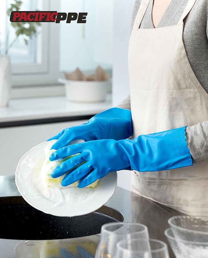 4 Pairs Dishwashing Gloves, Cotton Flocked Liner, Blue, Medium | Waterproof dishwashing gloves with non-slip grip, soft cotton lining, flexible fit for kitchen, bathroom, laundry & cleaning