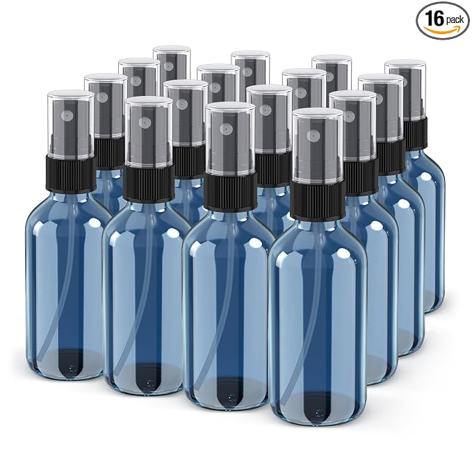 Spray Bottle, 2 oz Fine Mist Glass Spray Bottles, Little Refillable Liquid Containers for Watering Flowers Cleaning (16 Pack Indigo Blue)