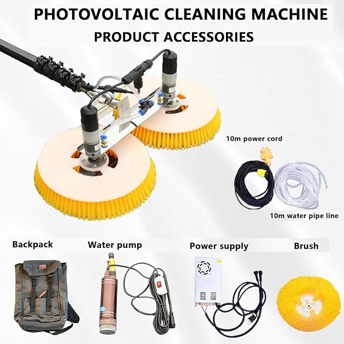 Solar Panel Cleaning Rotating Brush, 70cm Dual Head Photovoltaic and Solar Panels Water Fed Brush 110V Electric Spin Scrubber Adjustable Water Fed Pole Cleaning Kit for Window Glass,3M/9.84FT