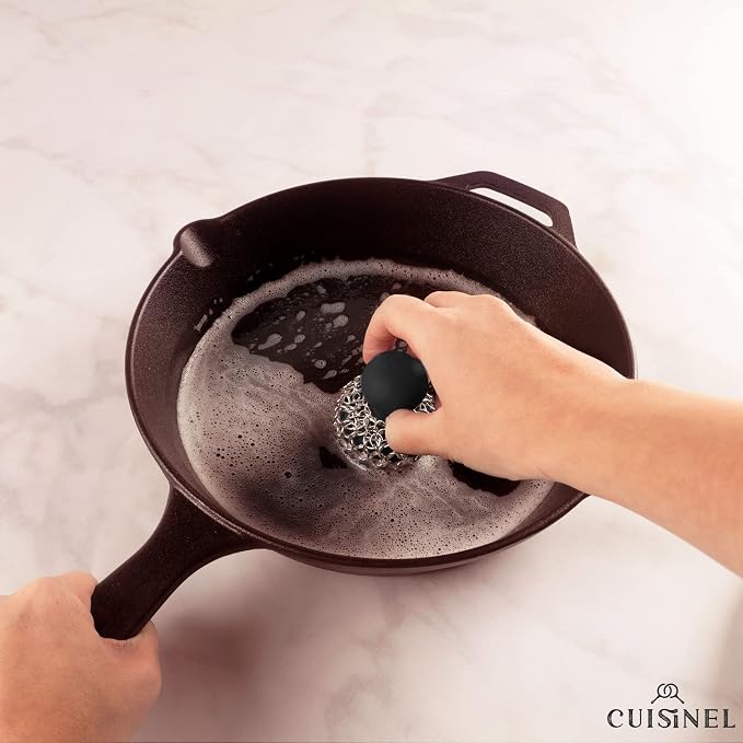 Cuisinel Cast Iron Chainmail Scrubber + Pan Scraper - Ergonomic Design Stainless/Silicone Cleaner for Pots & Skillets - Easy to Clean, Dishwasher Safe, Cookware Sponge Accessory