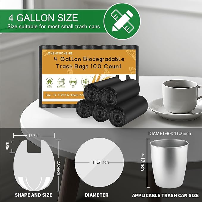 4 Gallon Small Trash-Bags With Handles - Black 4 Gal Mini Garbage Bag 200 Count Biodegradable Unscented 15 Liter Tiny Waste Basket Liners Bathroom Kitchen Office Car Strong Thick Bulk Chenyucheng