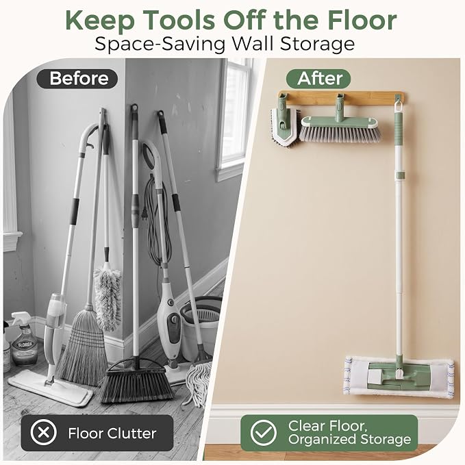 DEANIC 4-in-1 Mop Broom Brush with Holder Wall Mount Set | Floor Cleaning Tool Set with Extendable Handle (43 in to 49 in) ,Triangle Scrub Brush for Home Kitchen Bathroom Hardwood
