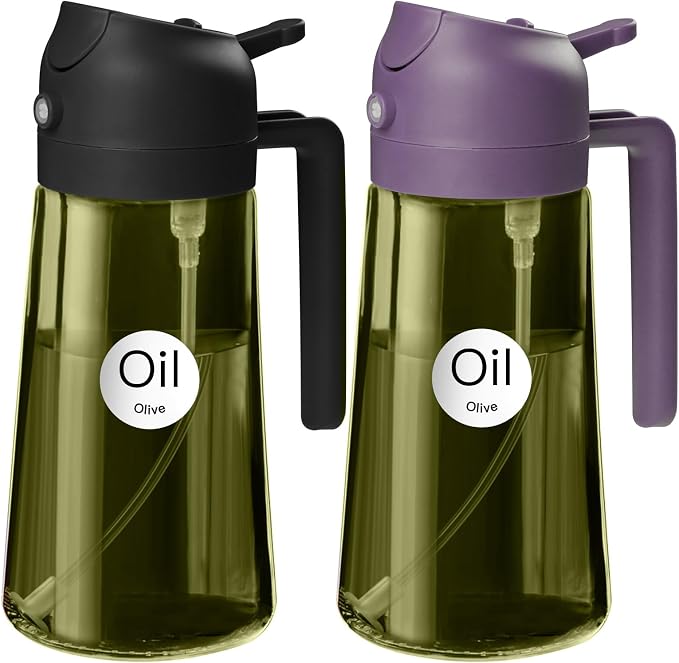 YARRAMATE 2Pcs 16oz/470ml Dark Green Oil Sprayer for Cooking with Stickers, Food-grade Premium 2 in 1 Olive Oil Dispenser Bottle for Kitchen Gadgets, Air Fryer, Salad, Frying, BBQ (Black&Purple)