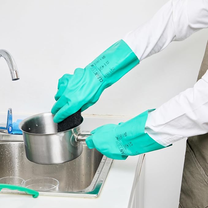 Restaurantware-Clean Tek Professional 15 Mil XXL Cleaning Gloves, 1 Pair Of Long Cuff Gloves - Flock Lining, No-Powder, Green Nitrile Chemical Tolerant Gloves, No-Latex, Heavy-Duty Tasks