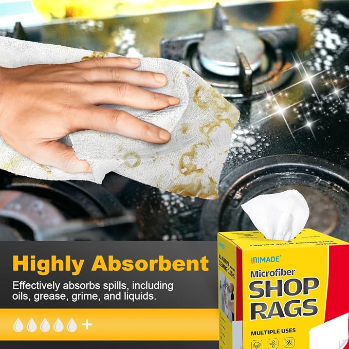 Shop Rags, 4 Boxes - 400 Sheets Microfiber Cleaning Cloth | Commercial Grade Washcloths Lint-Free Bulk Shops Towels for Cars Mechanic Restaurant Garage Housekeeping, 11"x 9", White
