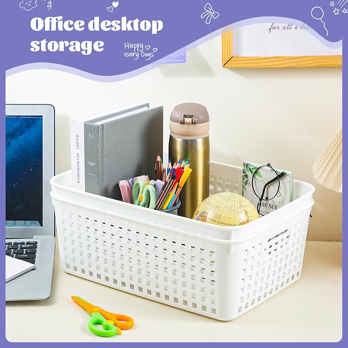 Lineshading 12 Pack Plastic Storage Baskets for Organizing, White | 13 x 10'' Large Plastic Storage Baskets Bins with Grip Handles, Stackable Mesh for Cabinets, Desktops, Shelves, Home & Office
