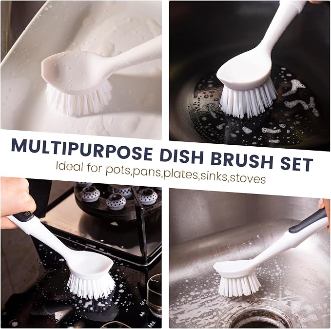 Dish Brush 2 Pack Dish Scrub Brush and 2 Pack Grout Brush | Kitchen Brushes for Dishes,Pots, Pans and Sinks Dish Brush with Handle Built-in Scraper