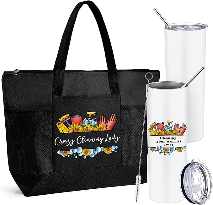 Sieral Housekeeping EVS Week Appreciation Gift, Cleaning Lady, Black | Insulated Tumbler 20oz & Large Tote Bag Set for Women Custodian School Healthcare Cleaning Crew House Cleaner Maid Janitor