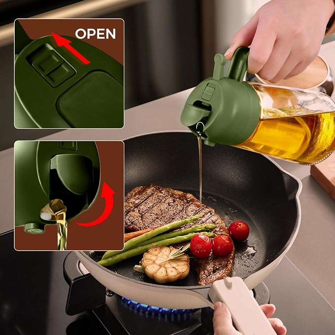 YARRAMATE 16 oz 2-in-1 Glass Olive Oil Sprayer for Cooking, BlackOliveGreen | Food-grade dispenser bottle, 470 ml, spray and pour, portion control, stickers included, for salad, frying and BBQ