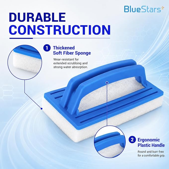 BlueStars 2-Pack Heavy Duty Handheld Sponge Pool Scrub Brush | Clean Pool Tile, Grout, Walls, Vinyl Liners, Spas, Tubs, Showers; Surface Cleaning Scrubber, Kitchen, Bathroom Tub