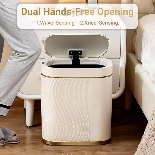 FreSup Motion Sensor Bathroom Trash Can with Lid, Automatic Small Trash Bin | IPX5 Waterproof, Aesthetic, Whisper Quiet, Slim Garbage Can for Bedroom, Restroom, Office, Smart White and Gold WasteBasket