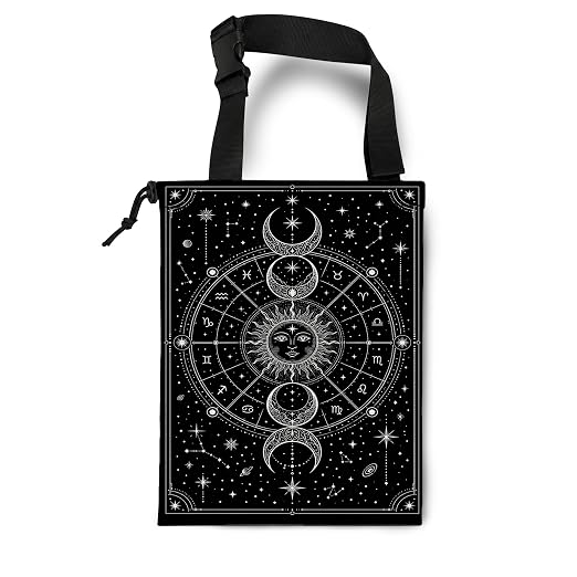 Mystical Witchy Astrology Car Trash Bag Hanging for Back Seat | Boho Sun and Moon Celestial Canvas Drawstring Car Garbage Bag with Adjustable Buckle Vehicle Trash Can