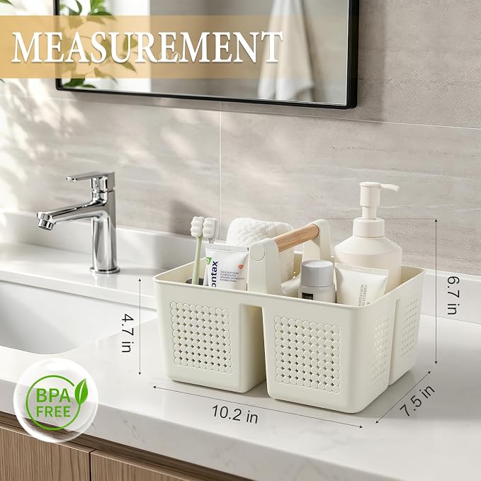 JiatuA Portable Shower Caddy Basket Plastic Caddy Organizer Small Beige | Sturdy Drainage Large Capacity Cleaning Supplies Caddy Tool Storage for Bathroom Kitchen Bedroom College Dorm Essentials