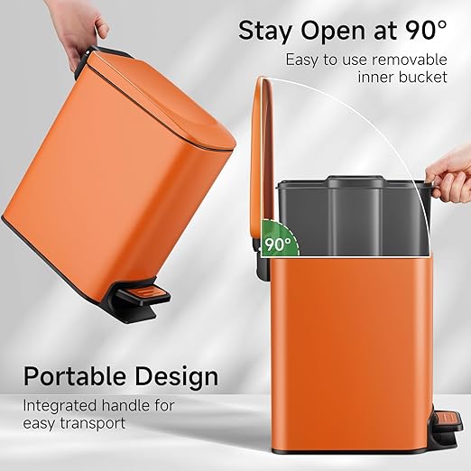 TIPGO Small Bathroom Trash Can with Lid, 1.6 Gal, Soft Close, Orange | Foot Pedal, Soft Quiet Lid, 5.9'' Slim for Narrow Space, Stainless Steel, Anti-fingerprint, Removable Inner Bucket, Odor Seal