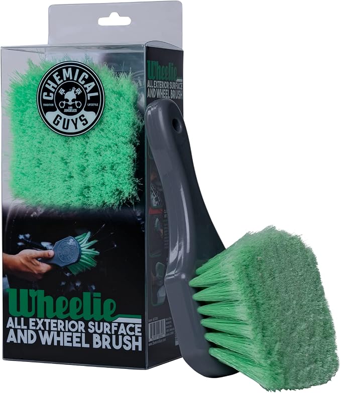 Chemical Guys, Wheelie Wheel & Exterior Brush for Rims & Tires, Soft, Green | Soft synthetic bristles clean rims, tires, grilles and emblems, safe on all wheel finishes with an easy grip
