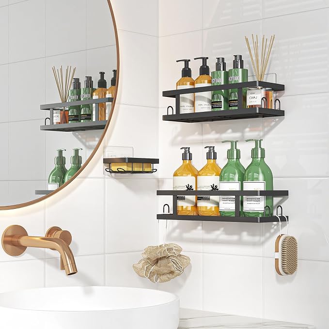 Youvip Adhesive Shower Caddy, Black, 3 Pack | Shower Shelves, Soap Holder and 12 Hooks, Rustproof, No Drilling, Bathroom Organizer and Storage