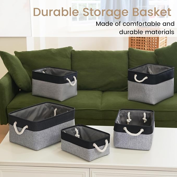 15x11x10 In Foldable Fabric Large Storage Bins with Handle 6 Pack | Organizer Baskets, Sturdy Metal Strand, Cardboard Support Molding, Storage Baskets for Shelves, Closet, Bedroom, Black/Gray