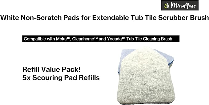 White Non-Scratch Scouring Pads, Fit Extendable Tub Tile Scrubber Brush | 5 Pack Scrub Pads Refill Replacement Pads for Cleaning Bathroom Kitchen Toilet Tile, Compatible Fit Moku, Yocada, Cleanhome