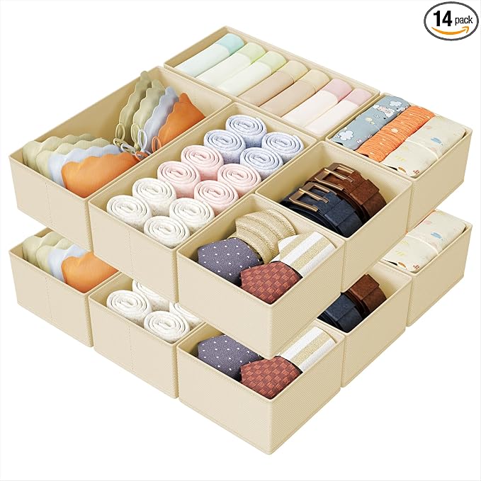 DIMJ Drawer Organizers Clothes, Set of 14 Dresser Organizer Bins, Fabric Closet Organizers and Storage, Shallow Drawer Dividers for Nursery, Clothing, Baby Clothes, Socks, Underwears, Tie (Beige)
