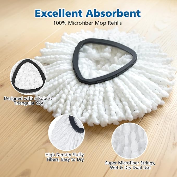 Spin Mop Replacement Head Compatible with O Ceda EasyWring 1-Tank System | 2 Microfiber Spin Mop Refills, 1 Triangle Mop Base Head and 4-Section Iron Mop Handle 30-58in for 1 Tank System (2+1+1)