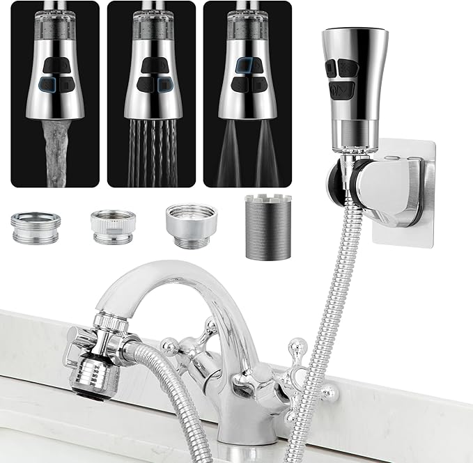 CECEFIN Kitchen Faucet Hose Attachment, 4-Mode ON/Off Spray Head w/Filter | 4.9Ft Stainless Steel Hose, Water Saving Aerator w/ 3-Way Diverter Valve, for Laundry/Bathroom Sink Hair Washing Pet Shower
