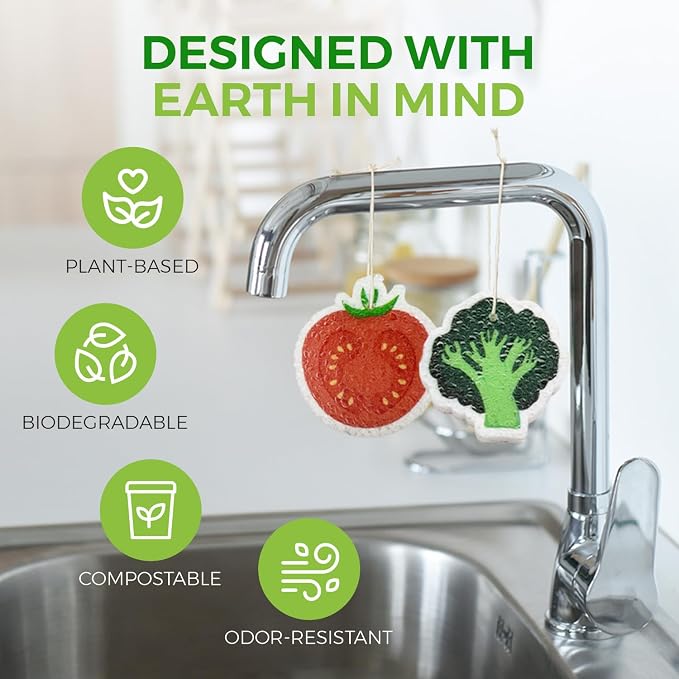 AIRNEX Biodegradable Cellulose Compressed Sponges Bulk - Vegetable Shaped Kitchen Pack of 8 - Eco Friendly, Odor Free, Natural, Pop Up Compostable Scrubbers for Washing Dishes