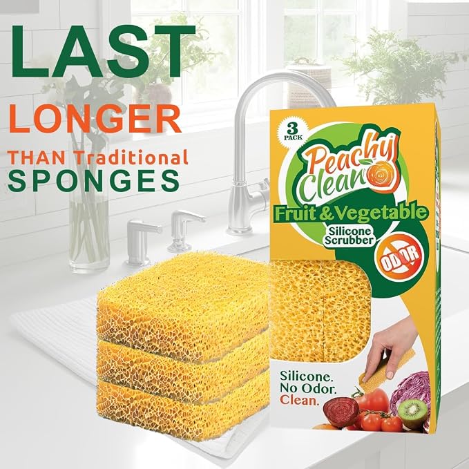 Peachy Clean Silicone Fruit & Vegetable Scrubber, Produce Cleaning Sponge, Reusable Food Scrubber for Fruits & Veggies, Made in USA (3-Pack)